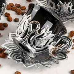 Gümüş Metal Lotus Desenli Siyah 6 Kişilik Kahve Fincan Takımı