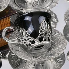 Gümüş Metal Desenli Siyah 6 Kişilik Kahve Fincan Takımı