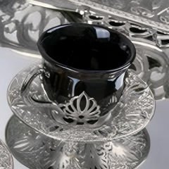 Gümüş Metal Desenli Siyah 6 Kişilik Kahve Fincan Takımı