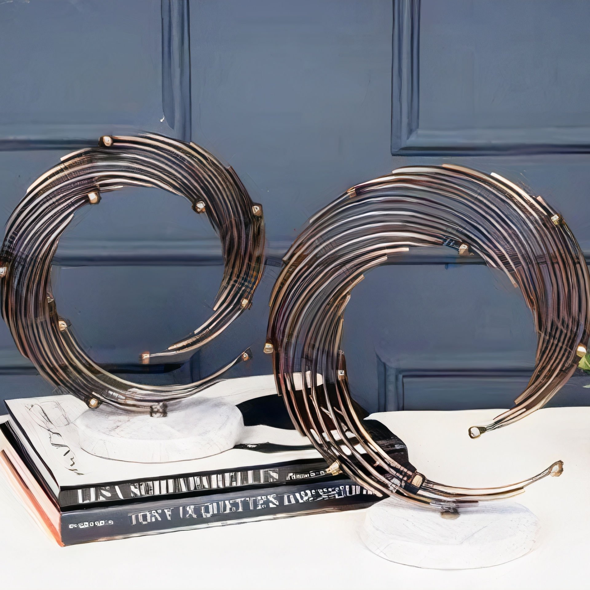 Mermer Tabanlı Eskitme Gold Spiral Metal İkili Set Dekoratif Obje