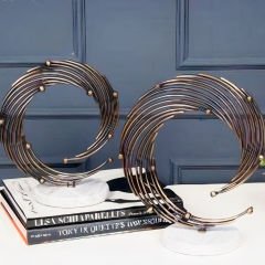 Mermer Tabanlı Eskitme Gold Spiral Metal İkili Set Dekoratif Obje