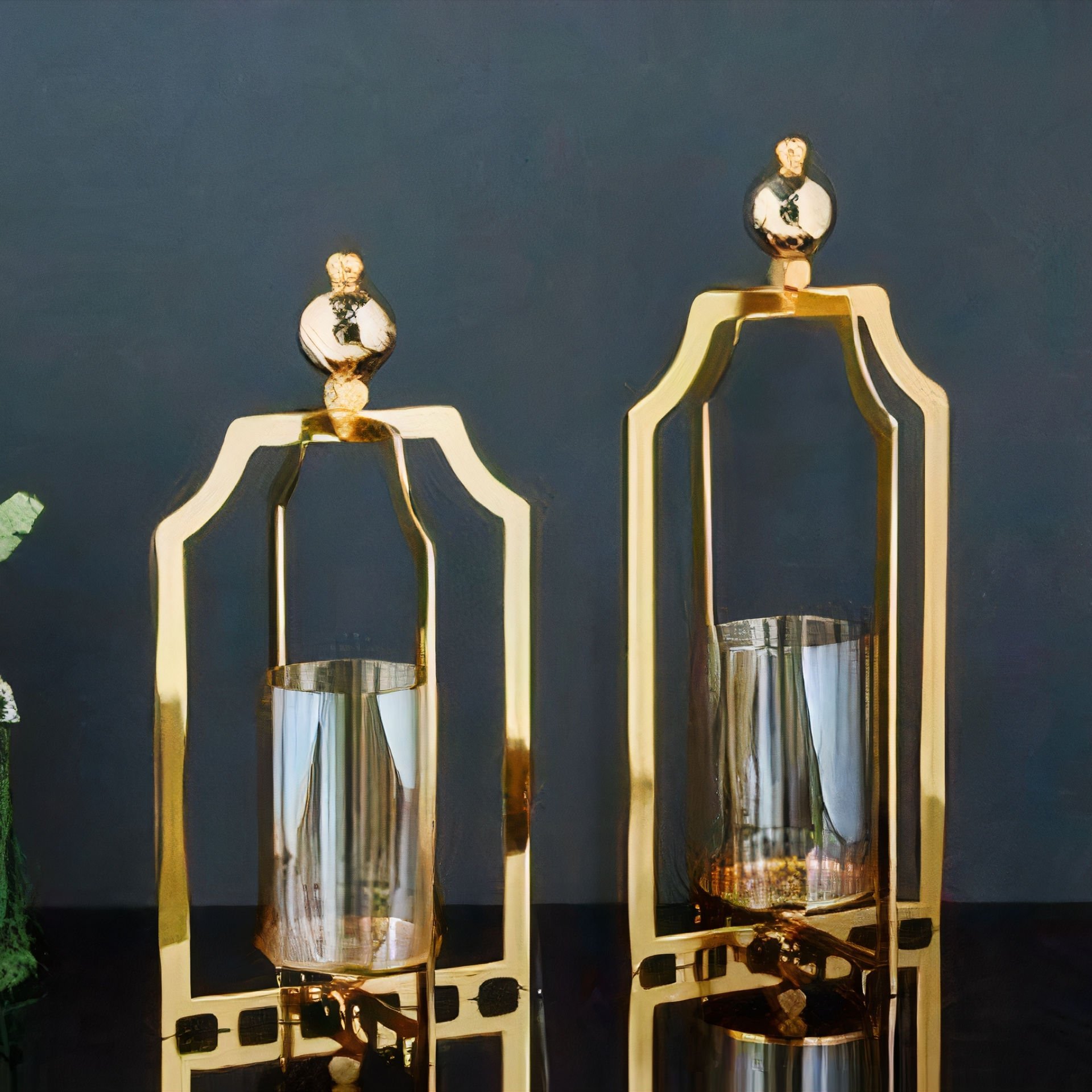 Gold Metal Fener Tasarımlı İkili Set Dekoratif Mumluk