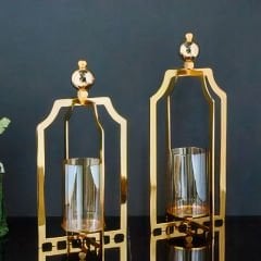 Gold Metal Fener Tasarımlı İkili Set Dekoratif Mumluk