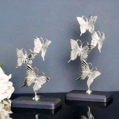 Gümüş Metal Kelebek Figürlü İkili Set Dekoratif Obje