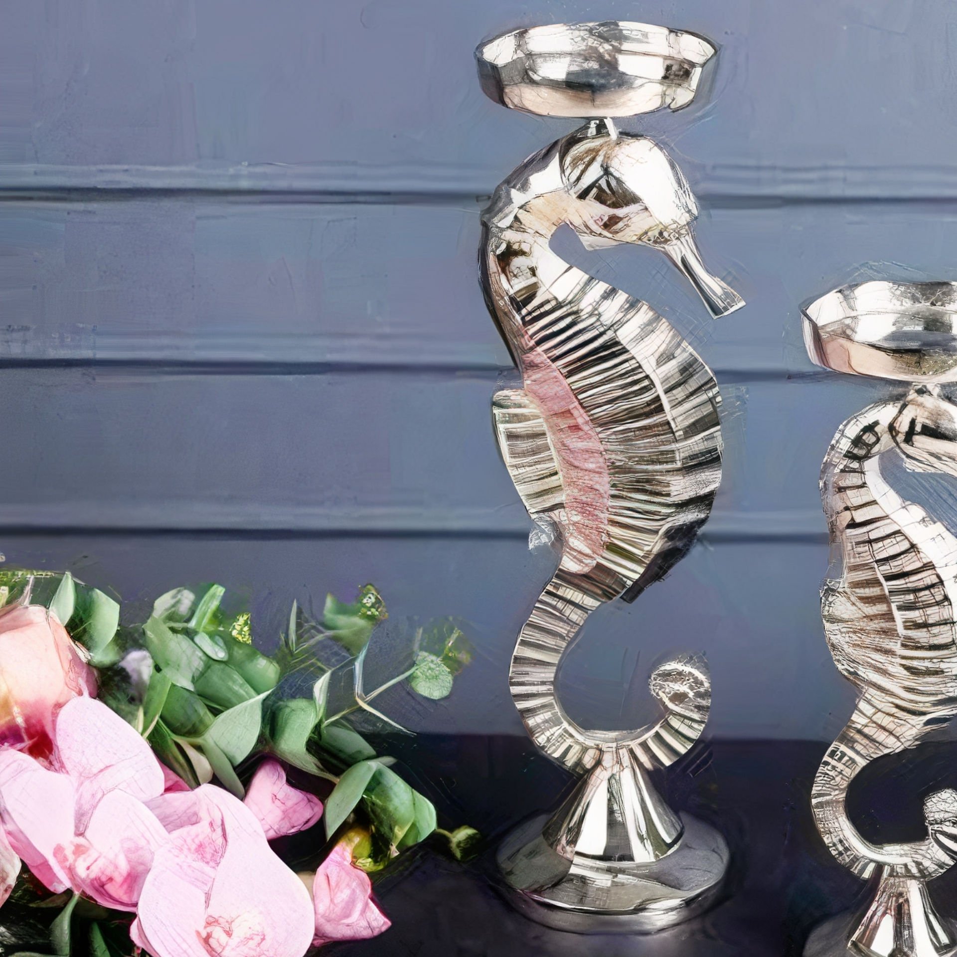 Gümüş Metal Denizatı Figürlü Büyük Dekoratif Mumluk