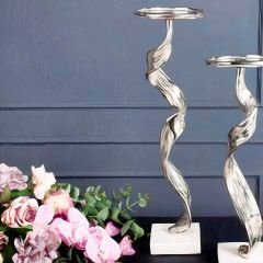 Mermer Tabanlı Gümüş Metal Kıvrımlı Büyük Mumluk