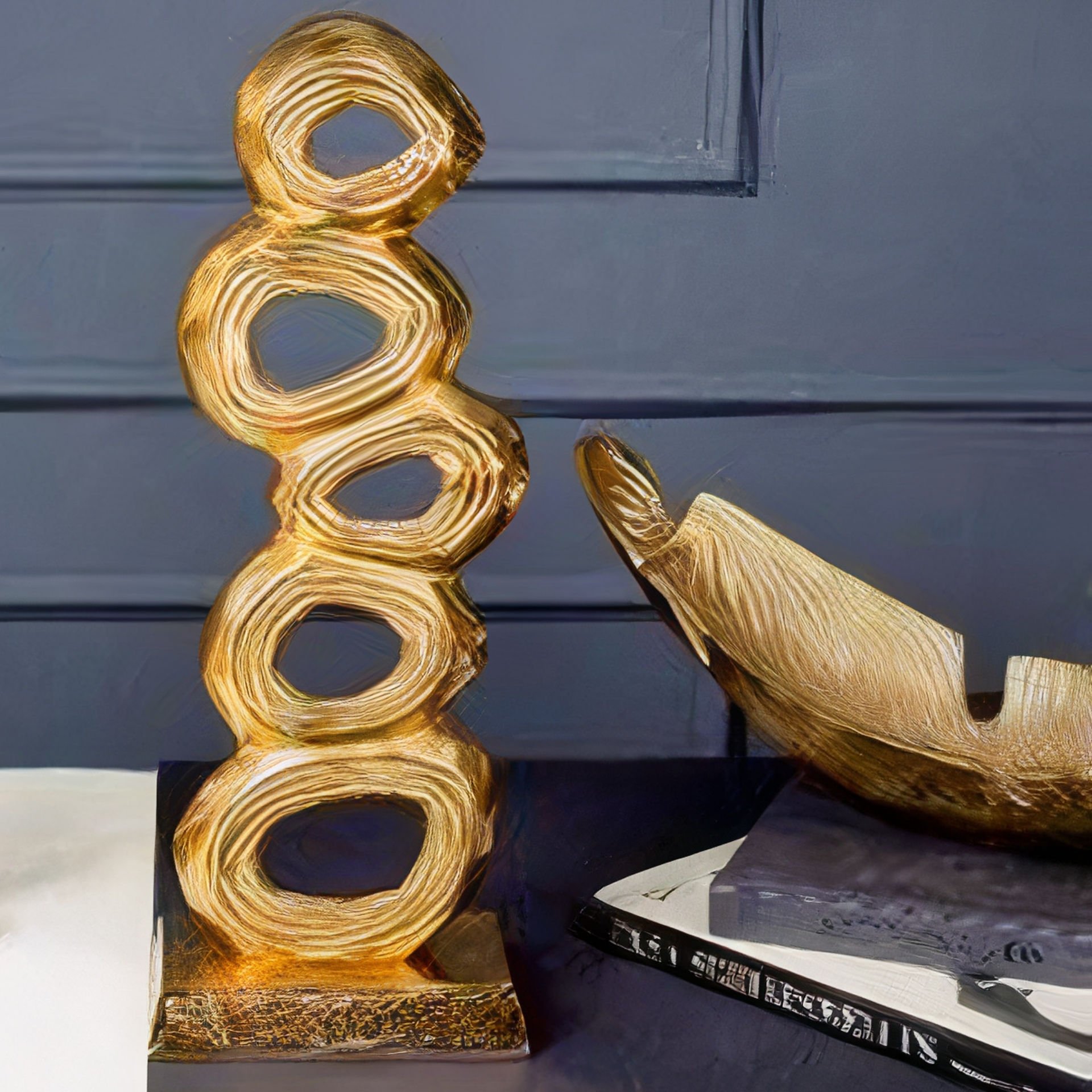 Gold Geometrik Kabartma Desenli Dekoratif Obje