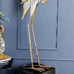 Gold Metal Opak Gri Uzun Flamingo Figürlü Dekoratif Obje