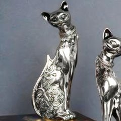 Gümüş Kedi Figürlü İkili Set Dekoratif Biblo