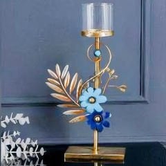 Gold Metal Yaprak Figürlü Çiçekli Dekoratif Şamdan