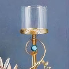 Gold Metal Yaprak Figürlü Çiçekli Dekoratif Şamdan
