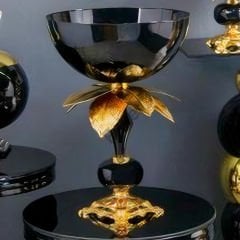 Gold Çiçek Motifli Siyah Meyvelik Dekoratif Obje