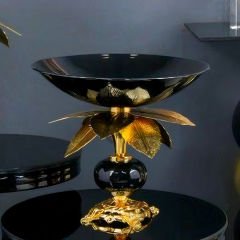 Siyah Gold Çiçek Motifli Meyvelik Dekoratif Obje