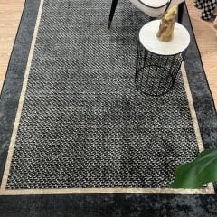 Siyah Desenli Gri Kenar Çizgili Jüt Halı