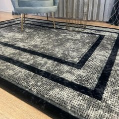 Siyah Çizgili Gri Geometrik Desenli Jüt Halı