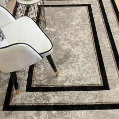 Gri Geometrik Desenli Siyah Çizgili Dekoratif Jüt Halı