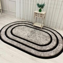 Oval Gri Desenli Siyah Çizgili Dekoratif Halı