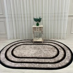 Oval Gri Desenli Siyah Çizgili Dekoratif Halı