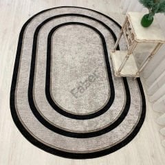 Oval Gri Desenli Siyah Çizgili Dekoratif Halı