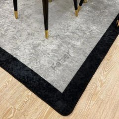 Siyah Kenar Çizgili Gri Desenli Jüt Halı