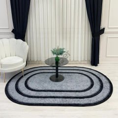 Oval Siyah Çizgili Gri Desenli Jüt Halı