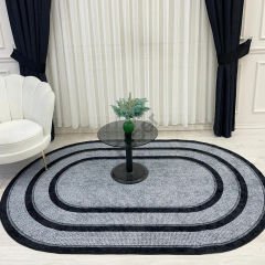 Oval Siyah Çizgili Gri Desenli Jüt Halı