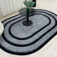 Oval Siyah Çizgili Gri Desenli Jüt Halı