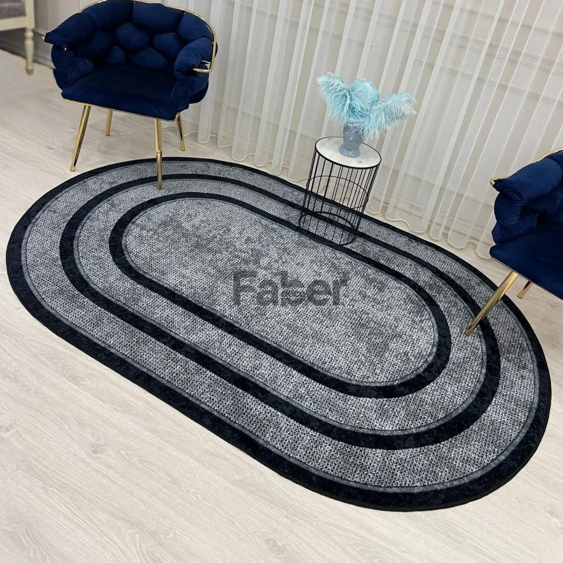 Oval Lacivert Çizgili Gri Desenli Jüt Halı