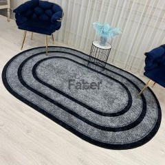 Oval Lacivert Çizgili Gri Desenli Jüt Halı