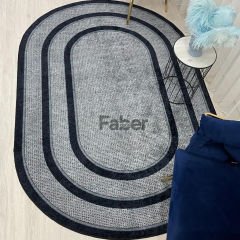 Oval Lacivert Çizgili Gri Desenli Jüt Halı