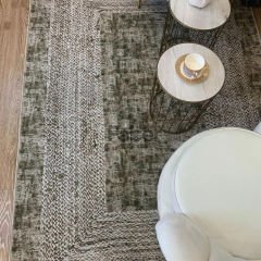 Yeşil Dokuma Kahverengi Kare Desenli Jüt Halı