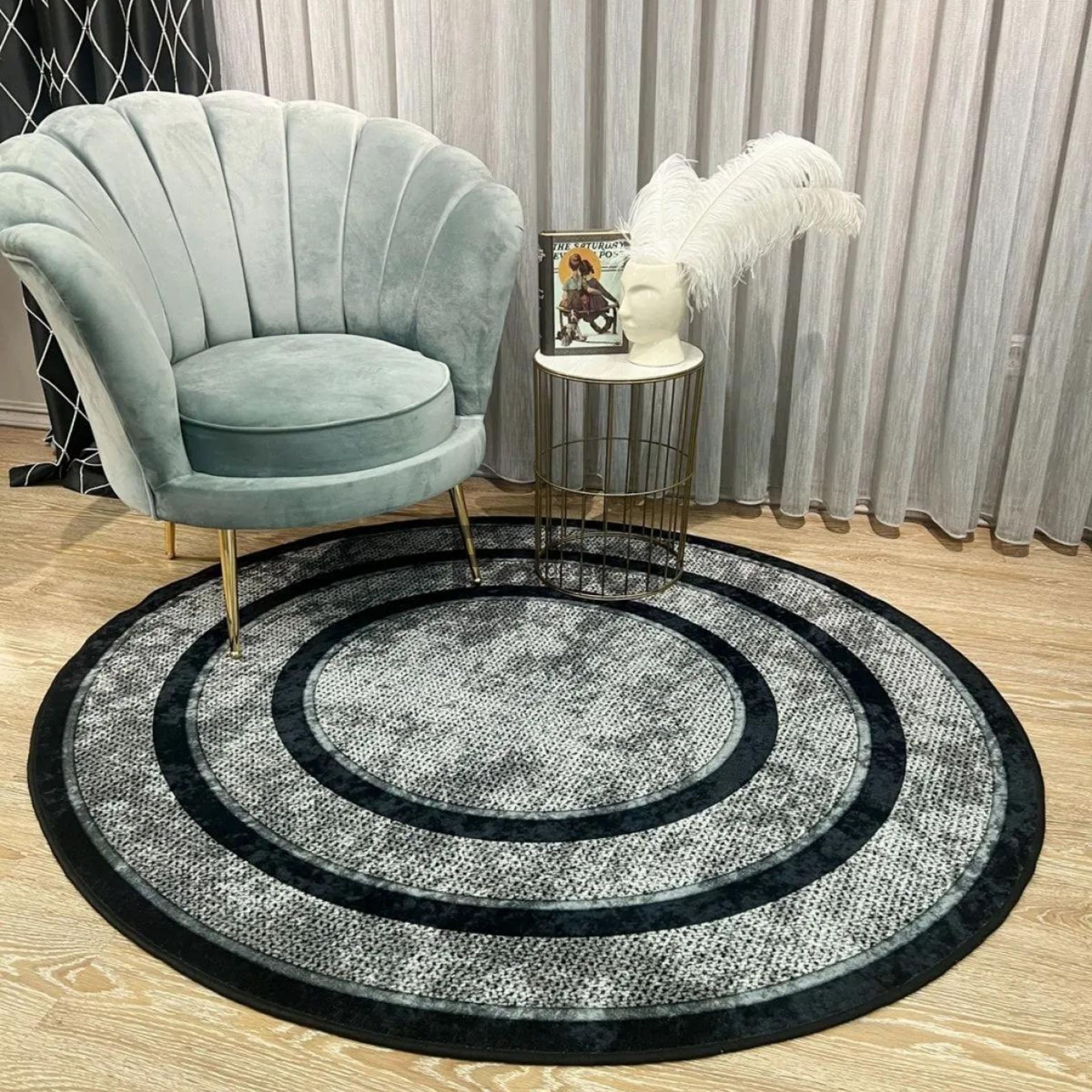 Yuvarlak Gri Siyah Dekoratif Jüt Halı 150x150