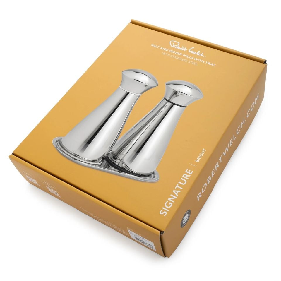 Robert Welch Medium Bright Salt and Pepper Mills with Tray Set