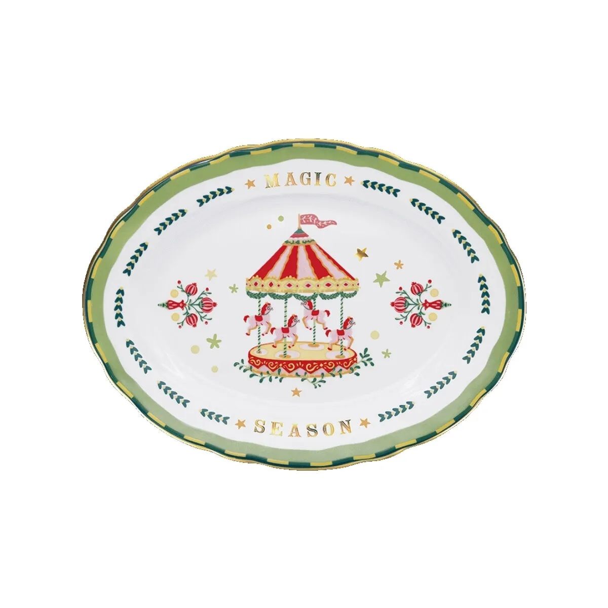 Baci Milano Mamma Mia Atlı Karınca Desenli Oval Servis Tabağı Yeşil