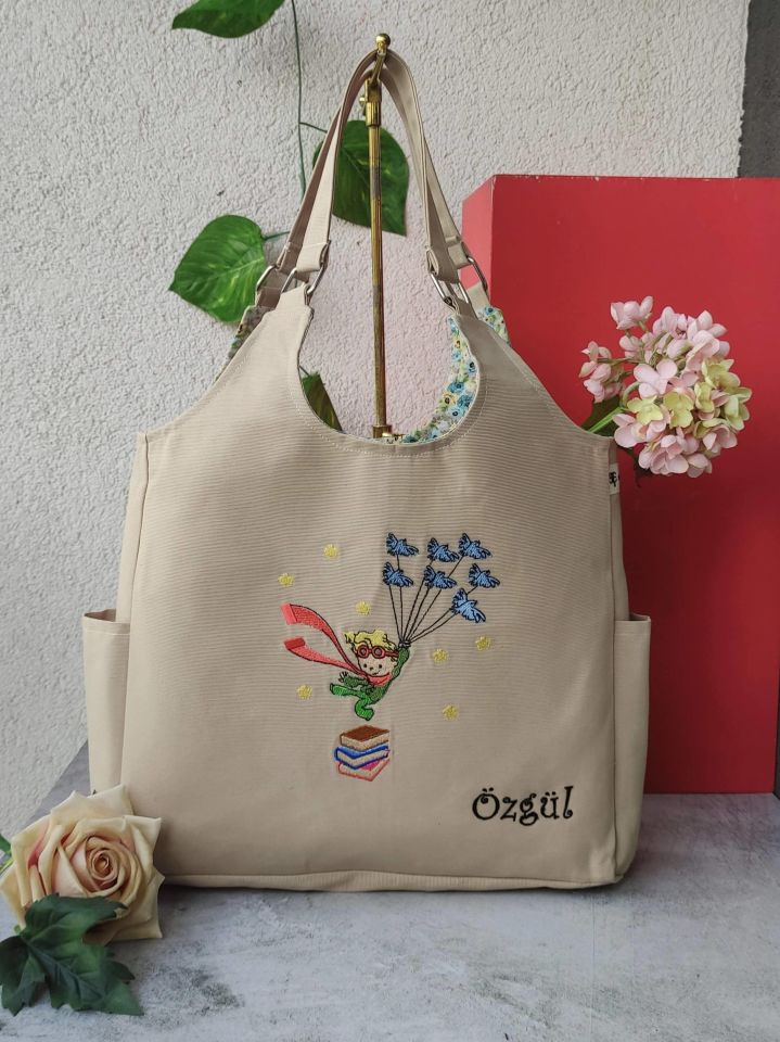 Krem Küçük Prens Nakışlı Omuz Çantası