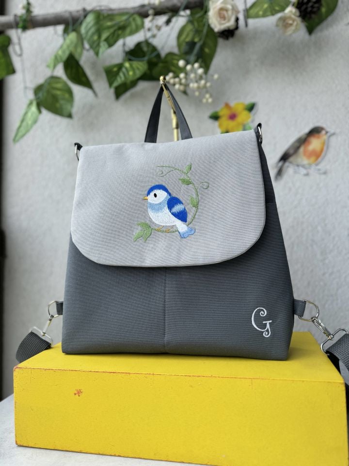 Antrasit Kuş Nakışlı Sırt Çantası