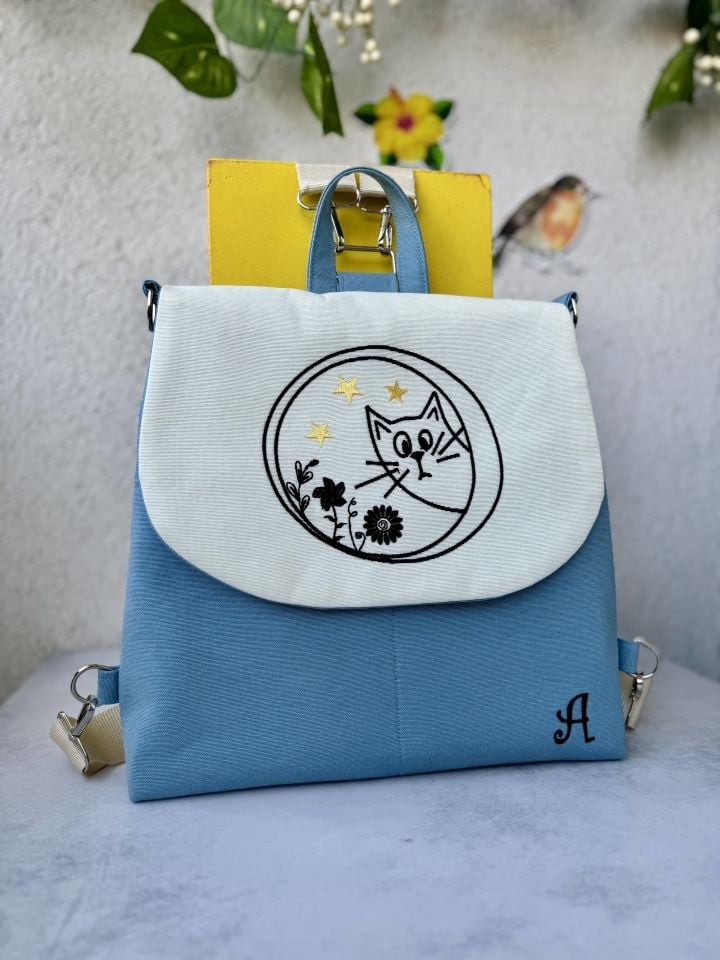 Mavi Kedi Nakışlı Sırt Çantası