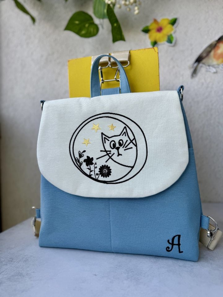 Mavi Kedi Nakışlı Sırt Çantası