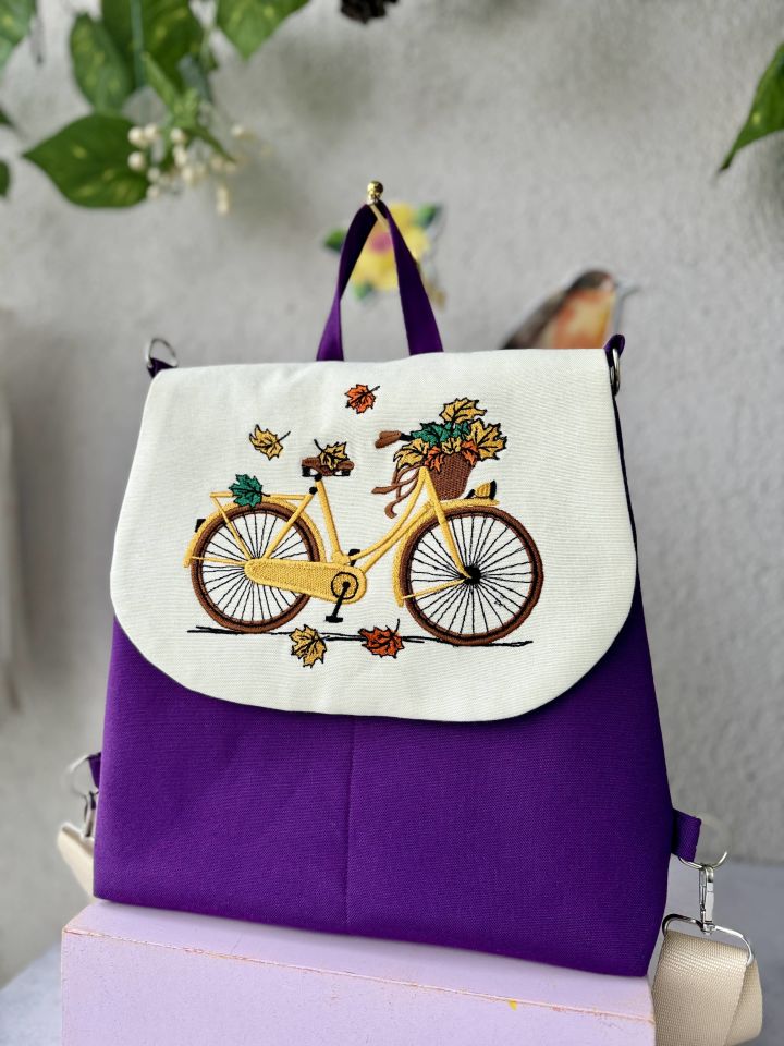 Mor Bisiklet Nakışlı Sırt Çantası