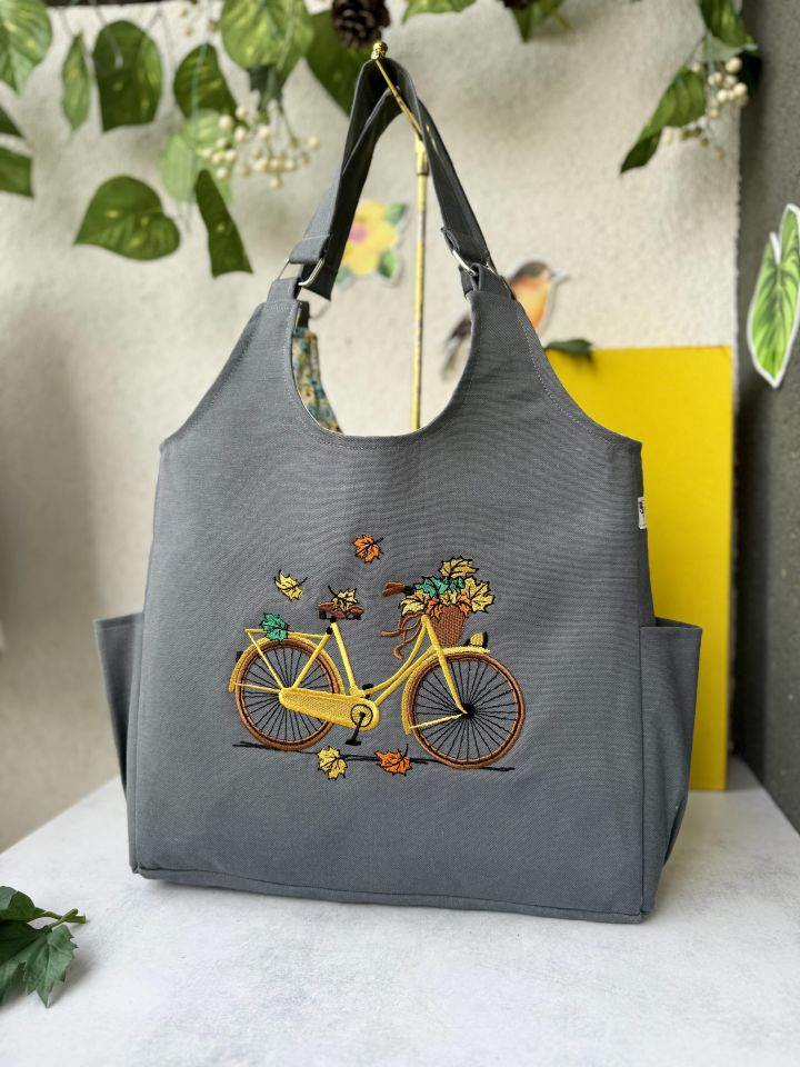 Antrasit Bisiklet Nakışlı Omuz Çantası