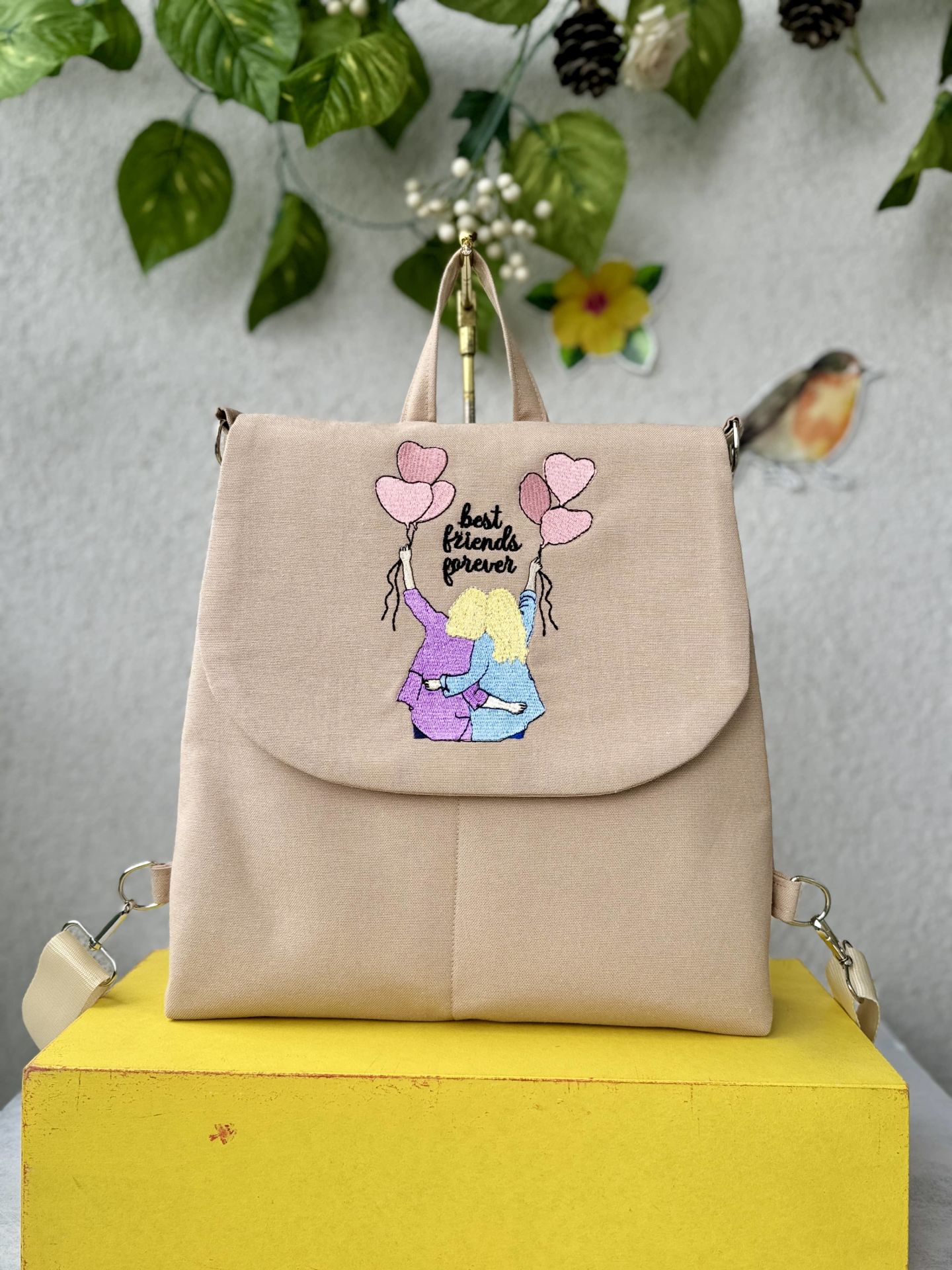 Krem Best Friends Forever Nakışlı Sırt Çantası