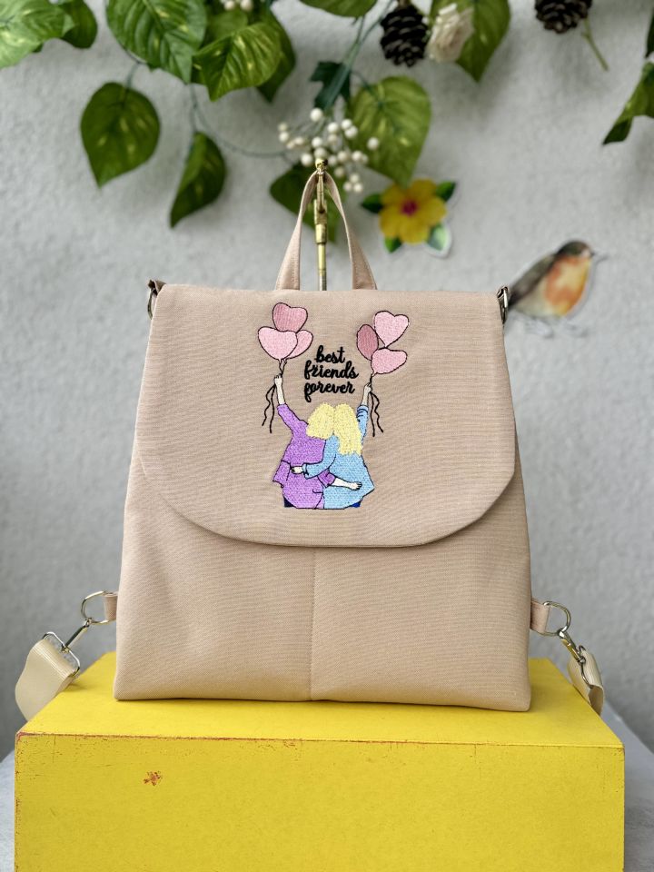 Krem Best Friends Forever Nakışlı Sırt Çantası