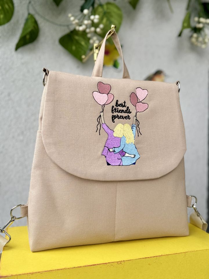 Krem Best Friends Forever Nakışlı Sırt Çantası