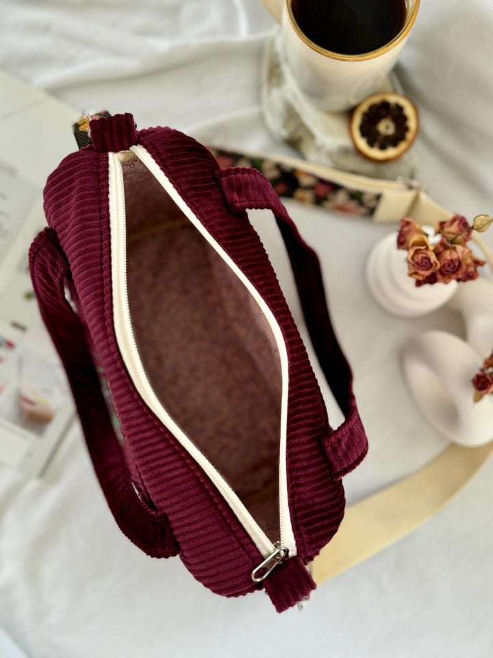 Bordo Fitilli Kadife Karanfil Nakışlı Omuz Çantası