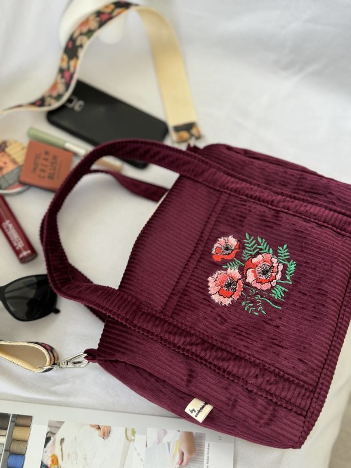 Bordo Fitilli Kadife Karanfil Nakışlı Omuz Çantası