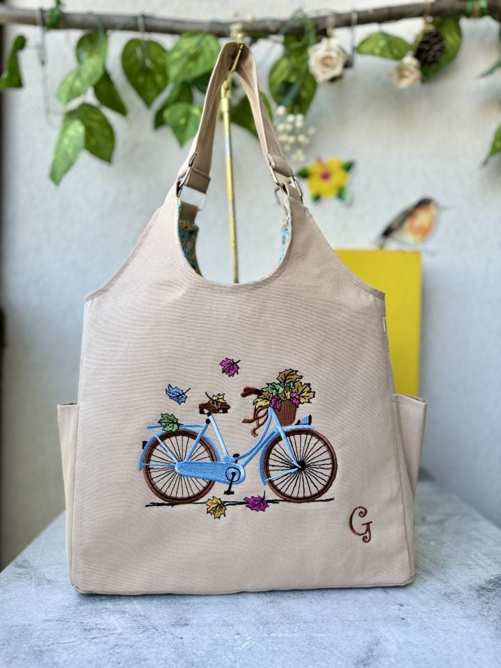 Krem Bisiklet Nakışlı Omuz Çantası