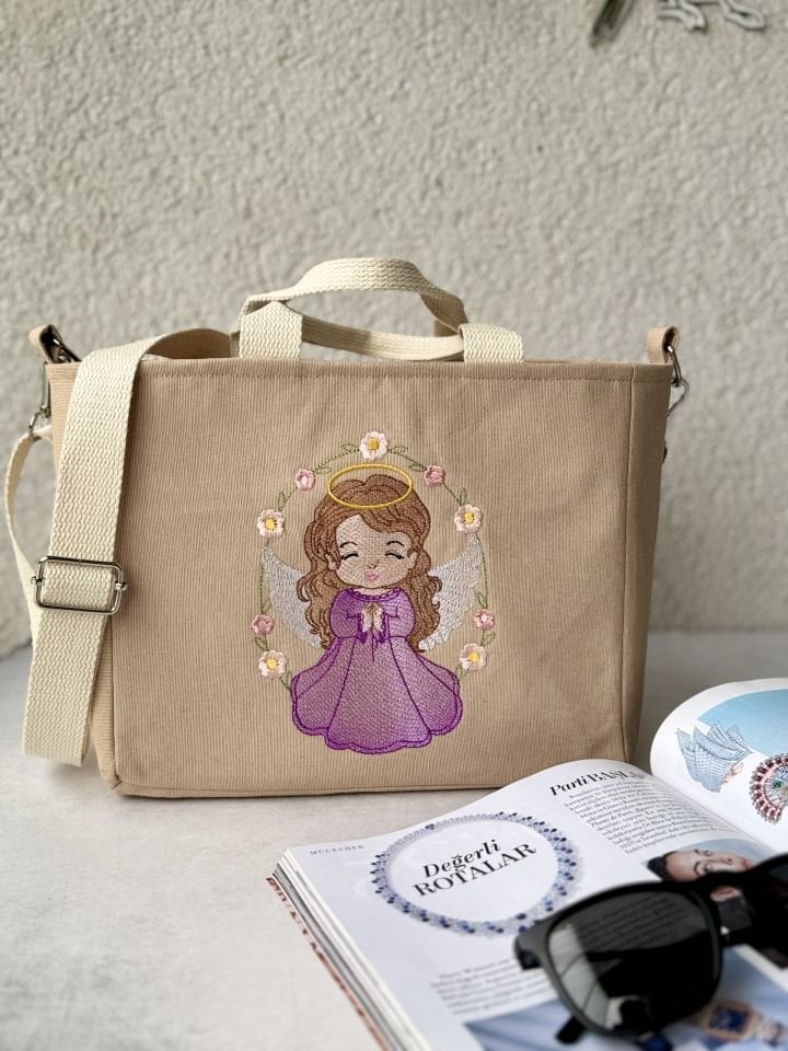 Krem Melek Nakışlı Omuz Çantası