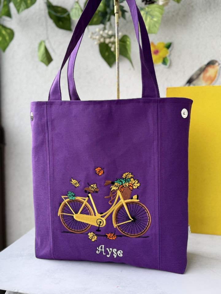 Mor Bisiklet Nakışlı Omuz Çantası