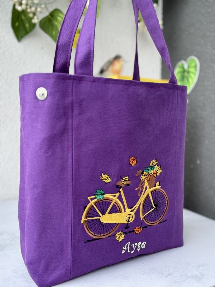 Mor Bisiklet Nakışlı Omuz Çantası
