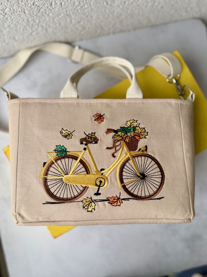 Krem Bisiklet Nakışlı Mini Omuz Çantası